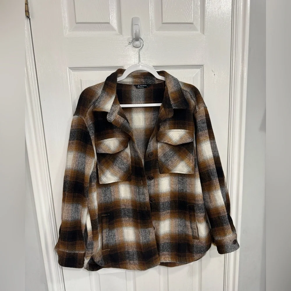 Women's Plaid Shacket Jacket - Brown Multi - Picture 1 of 3